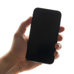 Hand holding black smartphone isolated on transparent background