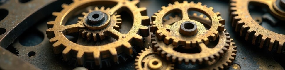 Close-up of brass clockwork gears interlocked , rusty, bronze