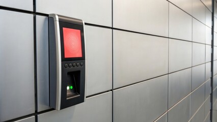 A modern biometric scanner mounted on a textured wall, featuring a red light and green indicators for user authentication.