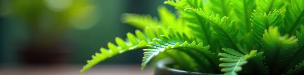 Close-up of a healthy potted fern, vibrant green leaves , care, botanical