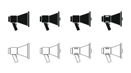 Black and white illustrations of megaphone icons in varying styles and detail