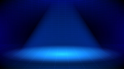 Blue digital stage background with neon perspective grid and spotlight for technology product showcase