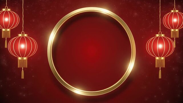 Golden Circle Frame with Chinese Red Lanterns on a Festive Red Background