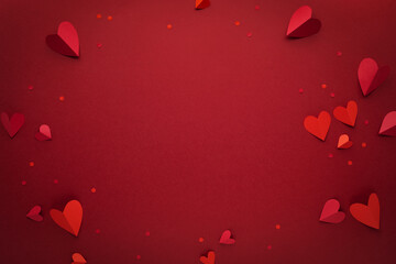 Valentine day frame background with red hearts top view. Festive mockup or template for design and promotion.