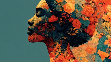 Woman's profile filled with vibrant flowers against a teal background celebrates nature and beauty in art