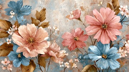 Beautiful floral painting with pink and blue flowers on a textured background