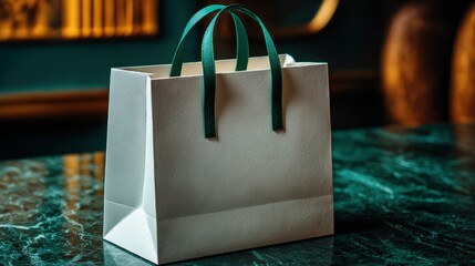 Elegant white shopping bag with green handles on a marble surface in a stylish indoor setting