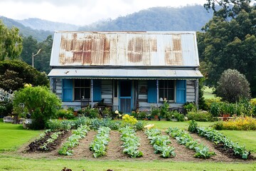 A simple countryside farmhouse with a tin roof, faded blue shutters, and vegetable patches sprawling across the backyard 