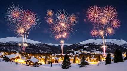Snowy mountain village celebrating with vibrant fireworks illuminating the night sky over illuminated houses and peaks.