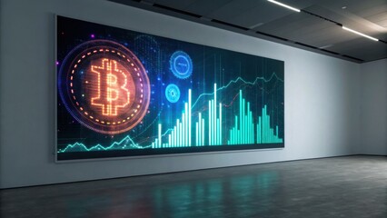 A digital artwork displaying a Bitcoin symbol and financial graphs on a large screen in a modern gallery setting.