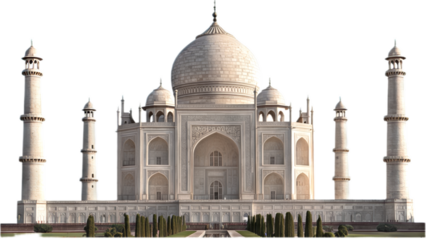 The iconic Taj Mahal, a magnificent white marble mausoleum world Heritage site, stands majestically against a clear background, showcasing its intricate Mughal architecture.