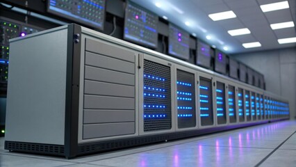 A futuristic data center featuring rows of servers with illuminated panels, showcasing advanced technology in a modern environment.