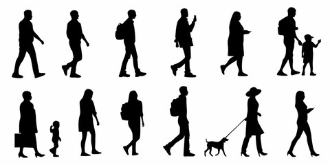 A collection of black silhouette figures depicting people walking and interacting