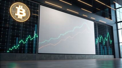 A modern financial space featuring a large screen displaying cryptocurrency trends, highlighted by a glowing Bitcoin symbol.