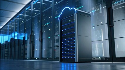 A sleek data server in a modern data center, illuminated with blue lights, showcasing advanced technology and cloud computing capabilities.
