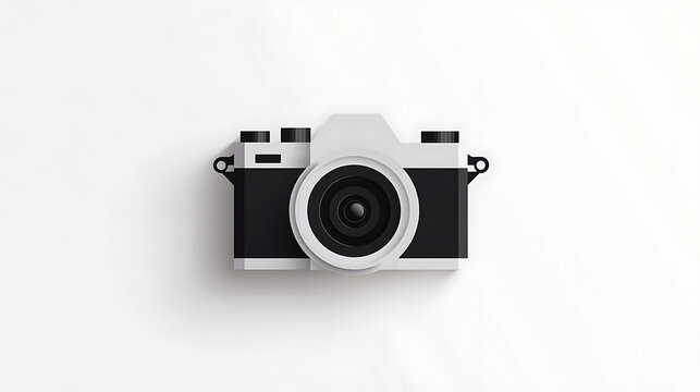 Monochromatic camera illustration against a crisp, white background. Its minimalist design showcases a blend of simplicity and classic photographic appeal. A timeless aesthetic.
