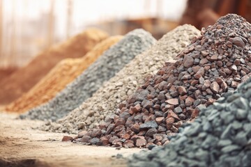 Piles of colorful gravel and stones at a construction site showcasing different textures and colors