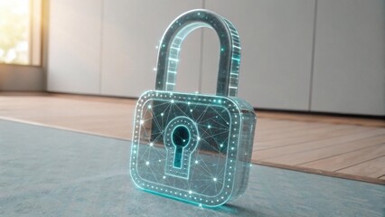 A futuristic digital lock stands on a floor, symbolizing security and protection in a modern, tech-driven environment.