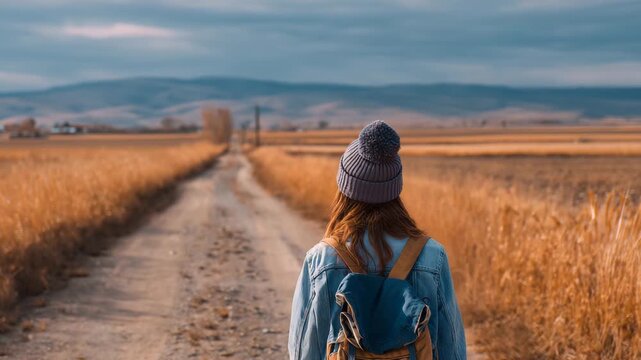 Schoolgirl walking along rural road toward school wearing backpack autumn countryside landscape symbolizing education routine childhood independence learning journey and daily life in peaceful environ