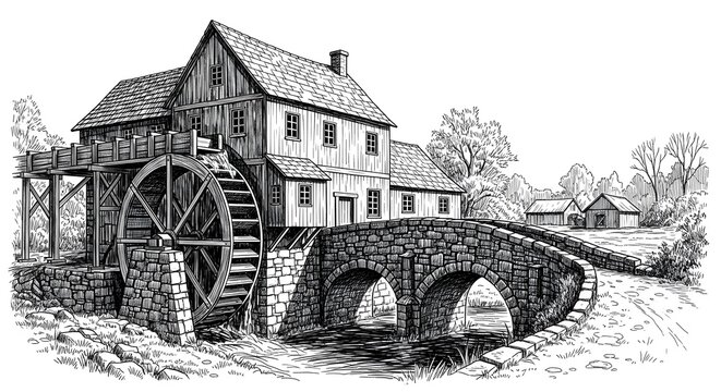 Vintage illustration of old water mill with stone bridge and rustic architecture