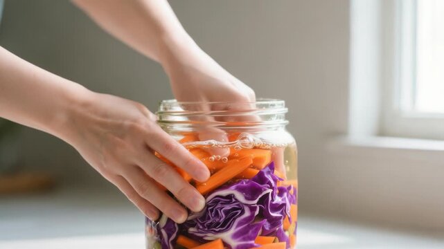 Fermented Vegetables Jar Healthy Food Preparation with Carrots and Cabbage, Showcasing Vibrant Colors and Nutritious Ingredients for Healthy Lifestyle