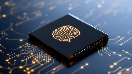 High-tech microchip with an intricate brain-shaped design, sitting on a circuit board, symbolizing innovation and artificial intelligence. The image conveys technological advancement.