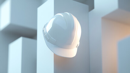 Safety first: A white construction hard hat hovers amidst a series of white geometric blocks, bathed in a clean, modern light. The helmet symbolizes protection on a construction site.