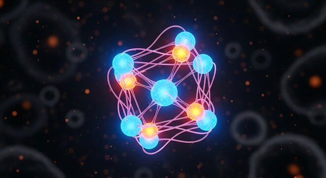 Abstract 3D model of connected molecules or atoms for physics and chemistry research - Powered by Adobe