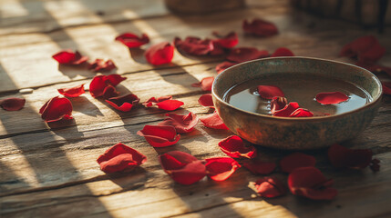 Valentine day romance with red rose petal scattered on rustic wooden table and ceramic bowl filled with water in warm sunlight creating peaceful and intimate atmosphere