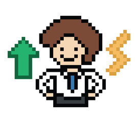 Obraz premium Cartoon cute business man planning research investigation magnifying improve with chart and graph professional office problem businessman strategy 8 bit pixel art.