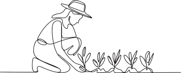 Continuous one line drawing young female farmer planting plant shoots in the ground.one line  vector illustration  with out background.