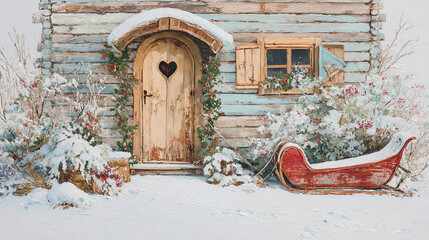 Snow covers a rustic wooden cabin with a red sled in front and flowers around the door during winter