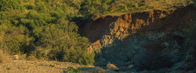 Cliff with lush green vegetation in sunlight. Andalusia, Spain.