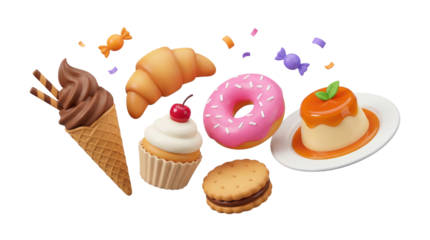 Delicious assortment of sweet treats including ice cream cupcake and donuts isolated on