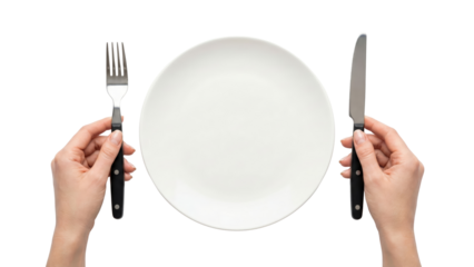Minimalist table setting with a white plate and cutlery held by hands isolated on transparent