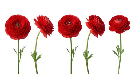 vivid red ranunculus flowers arranged in a row isolated on a transparent background