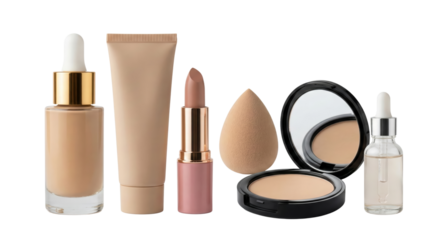 set of versatile makeup products including foundation lipstick and applicators isolated on