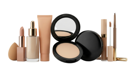 Elegant collection of makeup essentials with a sleek minimalistic design isolated on a transparent