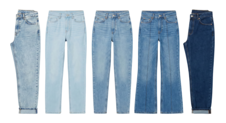 five pairs of denim jeans displayed on a black background isolated transparent background