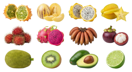 Assorted exotic fruits and tropical delicacies arranged on a transparent background