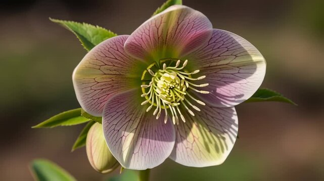 Close-up enchanting hellebore flower reveals intricate delicate petals and delicate stamen detail