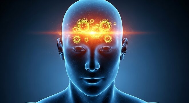 Conceptual Illustration of a Human Head Silhouette with Glowing Virus Particles Inside the Brain Representing Illness - Powered by Adobe
