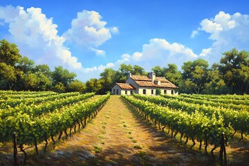 A tranquil vineyard farmhouse, endless rows of grapevines stretching out under a bright blue sky 