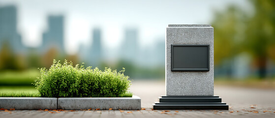 Empty stone monument with blank plaque in urban park setting with greenery and blurred city skyline background