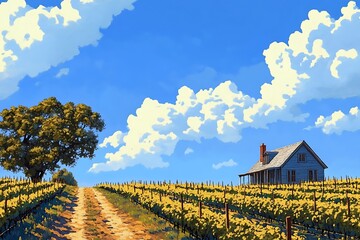 A tranquil vineyard farmhouse, endless rows of grapevines stretching out under a bright blue sky 