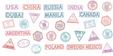 Fototapeta premium Collection of colorful travel stamps representing various countries and cities
