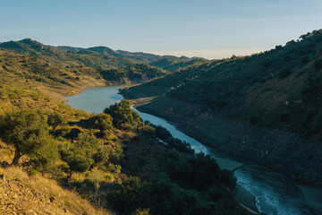 Slope with olive trees in sunlight overlooking a valley with river under a blue sky. Almogia, Malaga, Andalusia, Spain.
