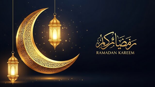Elegant ramadan kareem greeting with golden crescent moon and ornate hanging lanterns
