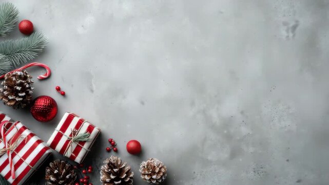 Minimal christmas flat lay with wrapped gifts pine branches cones candy cane and red ornaments on gray background creating festive winter composition with copy space for holiday design