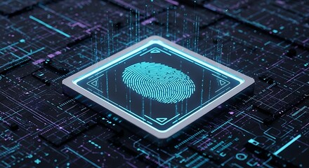 Biometric Fingerprint Scanner Integrated into a Glowing Digital Circuit Board for Cybersecurity Concept